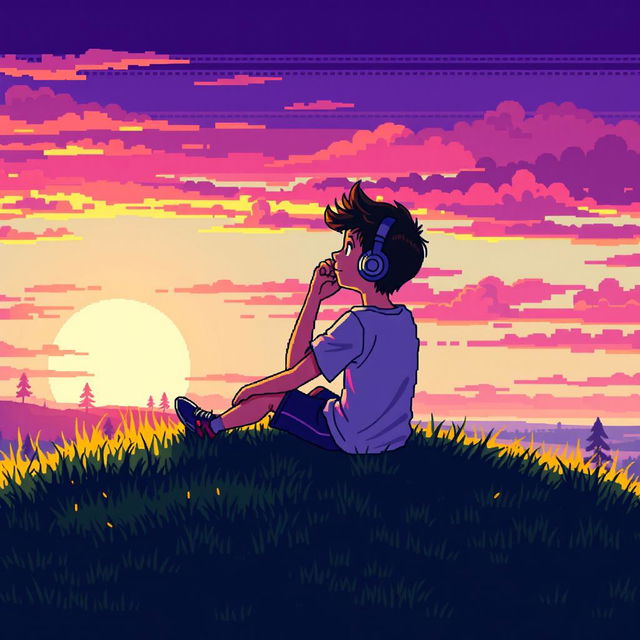 A pixel art scene featuring a boy sitting on a grassy hill, listening to music through headphones