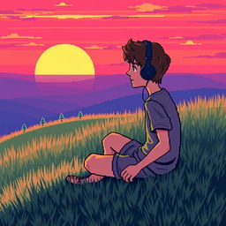 A pixel art scene featuring a boy sitting on a grassy hill, listening to music through headphones