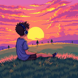A pixel art scene featuring a boy sitting on a grassy hill, listening to music through headphones