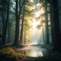 A serene and magical forest landscape with soft, ethereal lighting