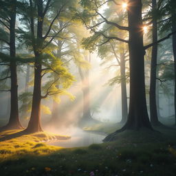 A serene and magical forest landscape with soft, ethereal lighting