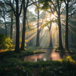A serene and magical forest landscape with soft, ethereal lighting