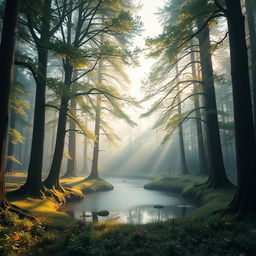 A serene and magical forest landscape with soft, ethereal lighting