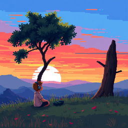 A pixel art scene depicting a boy listening to music while observing a sunset next to a tree