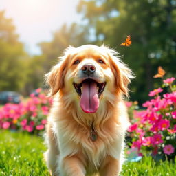 A playful dog with its tongue out, joyfully panting under the warm sun in a grassy park