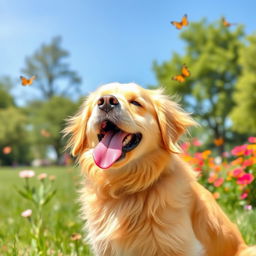 A playful dog with its tongue out, joyfully panting under the warm sun in a grassy park