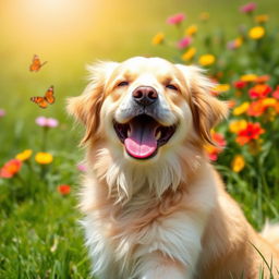 A playful dog with its tongue out, joyfully panting under the warm sun in a grassy park