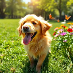A playful dog with its tongue out, joyfully panting under the warm sun in a grassy park