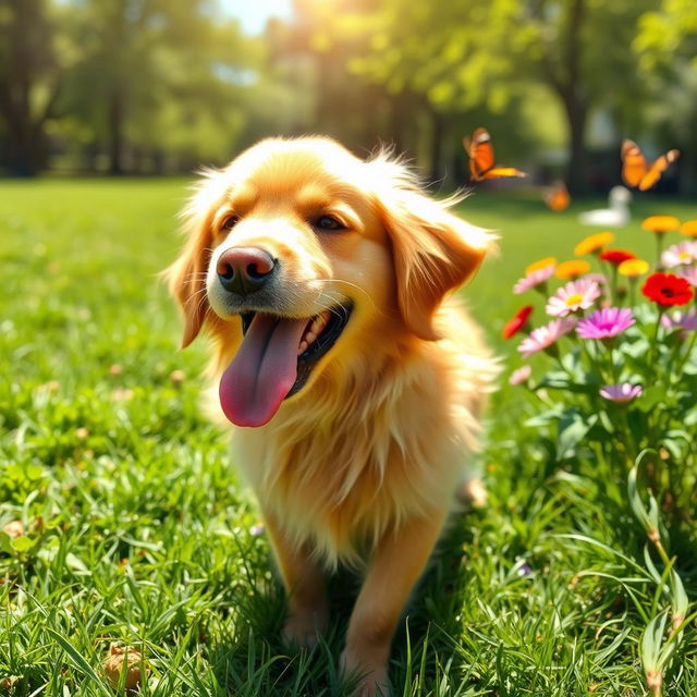 A playful dog with its tongue out, joyfully panting under the warm sun in a grassy park