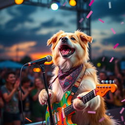 A joyful dog with a fluffy coat singing passionately into a microphone while holding a colorful guitar