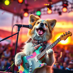 A joyful dog with a fluffy coat singing passionately into a microphone while holding a colorful guitar