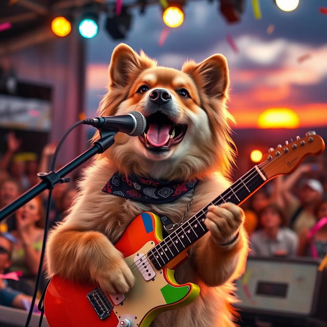 A joyful dog with a fluffy coat singing passionately into a microphone while holding a colorful guitar