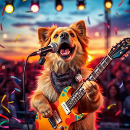 A joyful dog with a fluffy coat singing passionately into a microphone while holding a colorful guitar