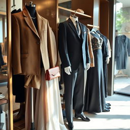 A beautifully arranged display of high-quality clothing, showcasing intricate details and luxurious materials
