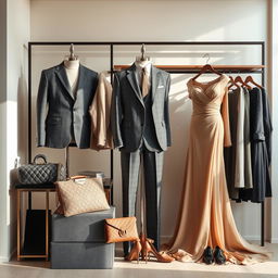 A beautifully arranged display of high-quality clothing, showcasing intricate details and luxurious materials
