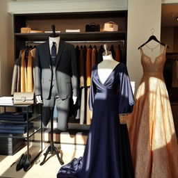 A beautifully arranged display of high-quality clothing, showcasing intricate details and luxurious materials
