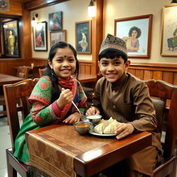 A cheerful girl and boy enjoying momo in a cozy Nepalese cafe, both dressed in traditional Nepali outfits