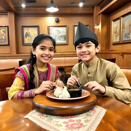 A cheerful girl and boy enjoying momo in a cozy Nepalese cafe, both dressed in traditional Nepali outfits