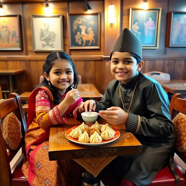 A cheerful girl and boy enjoying momo in a cozy Nepalese cafe, both dressed in traditional Nepali outfits