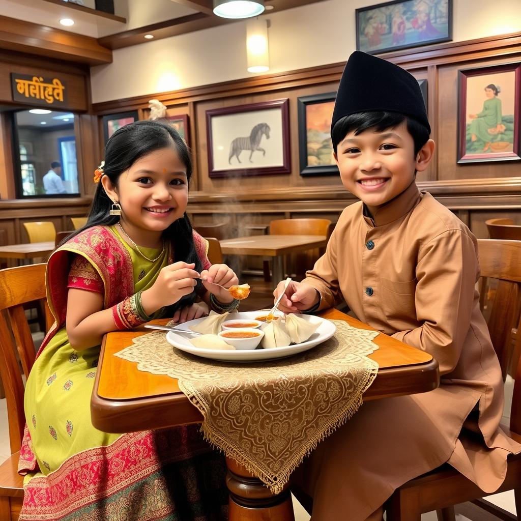 A cheerful girl and boy enjoying momo in a cozy Nepalese cafe, both dressed in traditional Nepali outfits