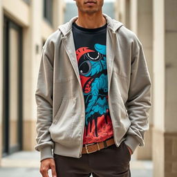 A stylish and modern outfit featuring a high-quality sweatshirt and a trendy t-shirt