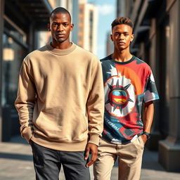 A stylish and modern outfit featuring a high-quality sweatshirt and a trendy t-shirt