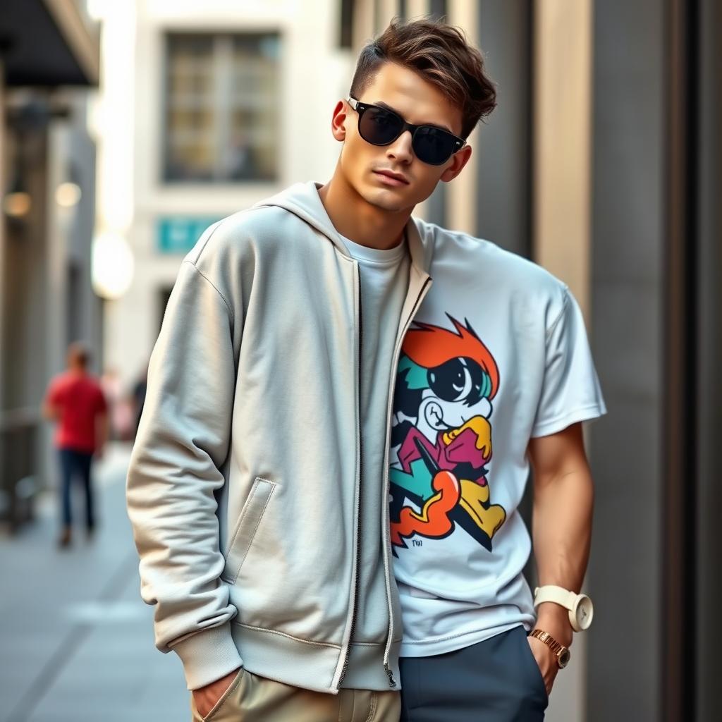 A stylish and modern outfit featuring a high-quality sweatshirt and a trendy t-shirt