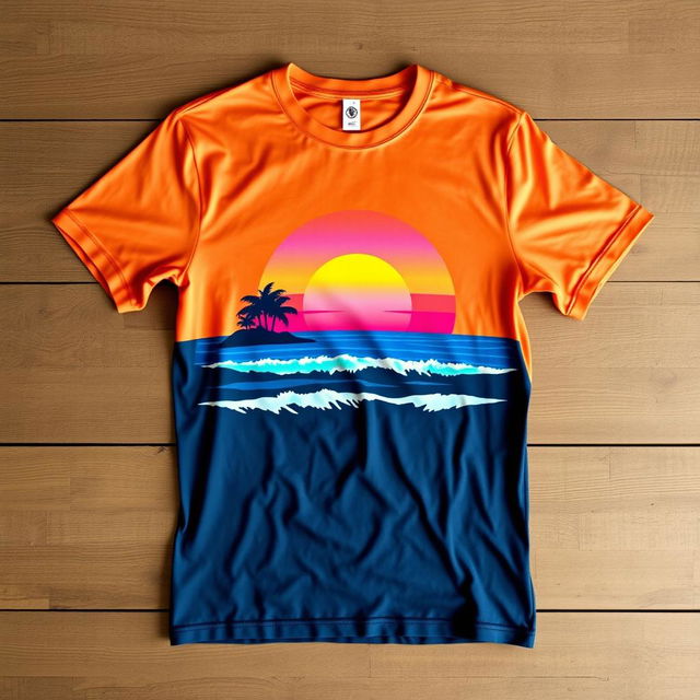 A stylish and modern t-shirt design displayed flat on a wooden surface