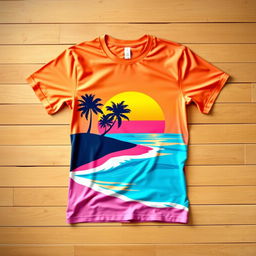 A stylish and modern t-shirt design displayed flat on a wooden surface