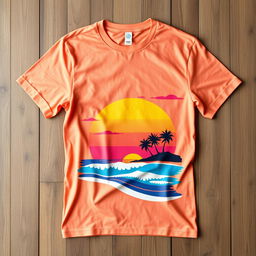 A stylish and modern t-shirt design displayed flat on a wooden surface