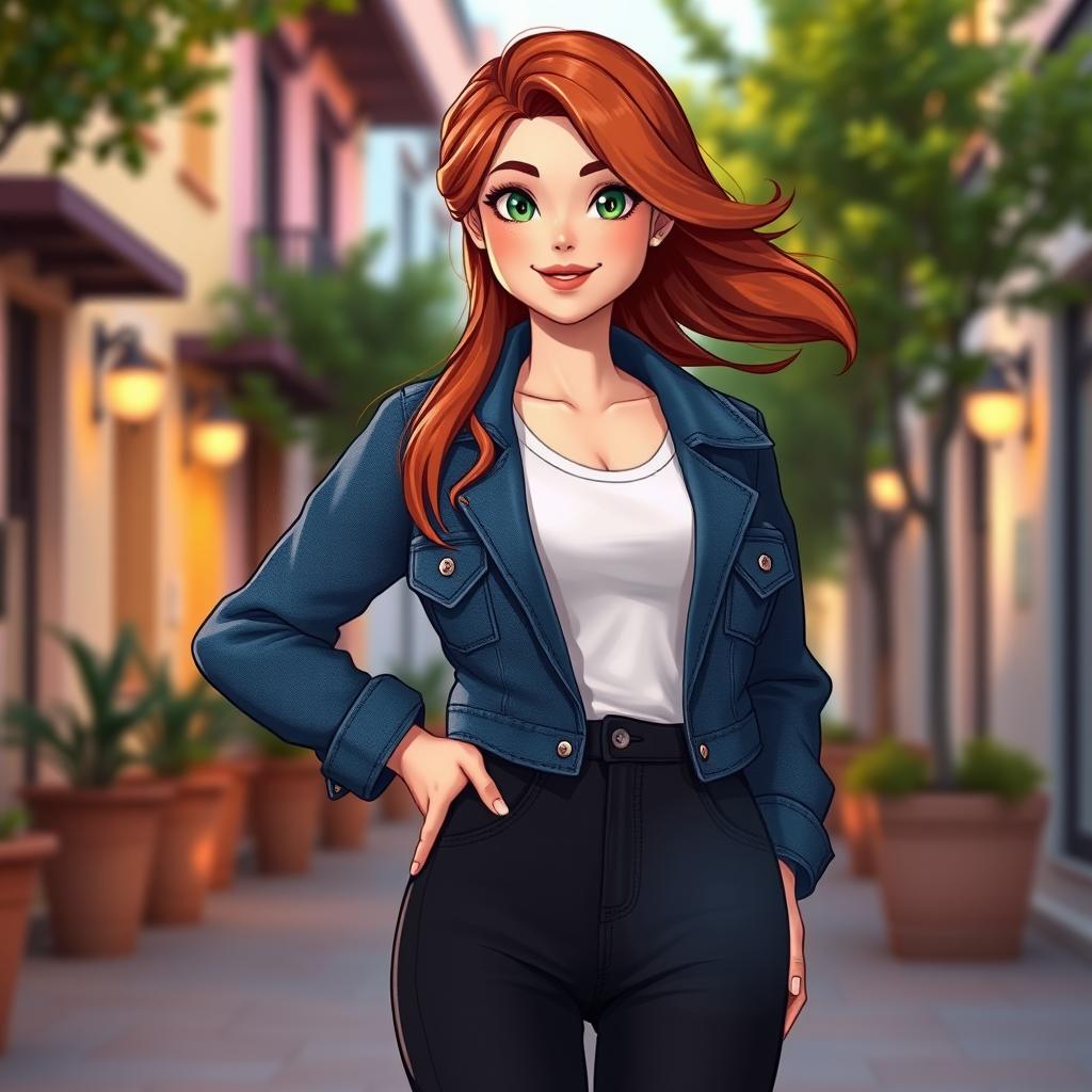 A character named Anna, with striking features, such as flowing auburn hair, bright green eyes, and a warm smile