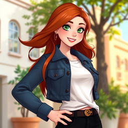 A character named Anna, with striking features, such as flowing auburn hair, bright green eyes, and a warm smile