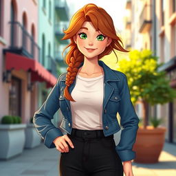 A character named Anna, with striking features, such as flowing auburn hair, bright green eyes, and a warm smile