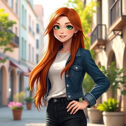 A character named Anna, with striking features, such as flowing auburn hair, bright green eyes, and a warm smile