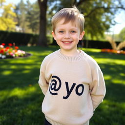 A young boy wearing a cozy sweater with the text '@yo' prominently displayed on the front