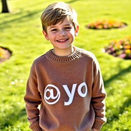 A young boy wearing a cozy sweater with the text '@yo' prominently displayed on the front