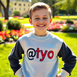 A young boy wearing a cozy sweater with the text '@yo' prominently displayed on the front