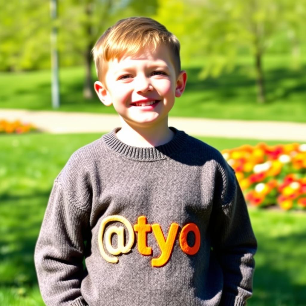 A young boy wearing a cozy sweater with the text '@yo' prominently displayed on the front