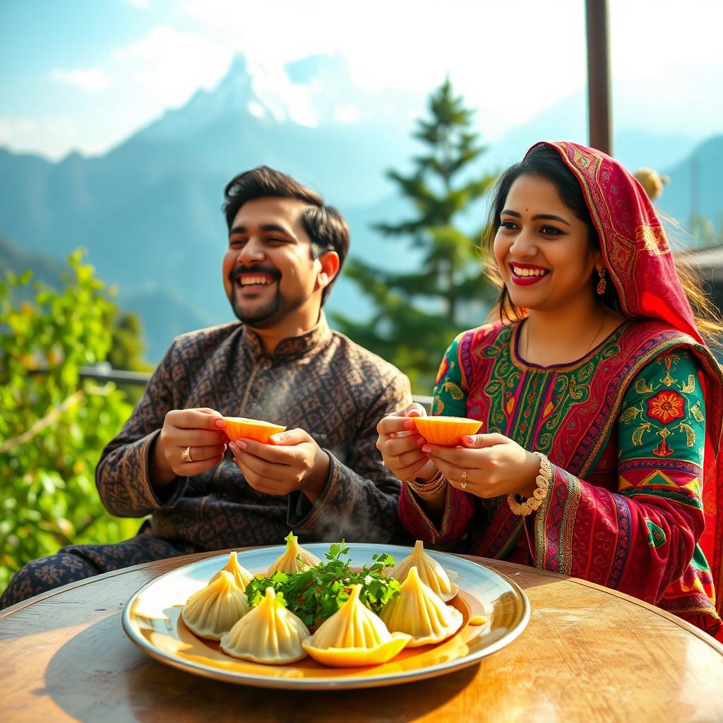 A colorful scene of a man and a woman joyfully eating momo, dressed in traditional Nepalese outfits