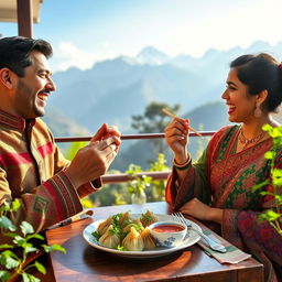 A colorful scene of a man and a woman joyfully eating momo, dressed in traditional Nepalese outfits