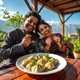 A colorful scene of a man and a woman joyfully eating momo, dressed in traditional Nepalese outfits
