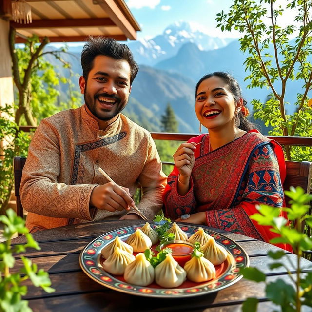 A colorful scene of a man and a woman joyfully eating momo, dressed in traditional Nepalese outfits