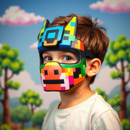 A young boy wearing a pixel art mask, showcasing a colorful and retro design