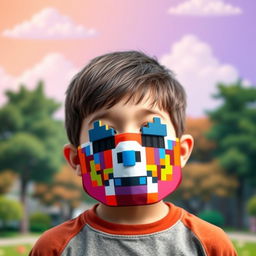 A young boy wearing a pixel art mask, showcasing a colorful and retro design