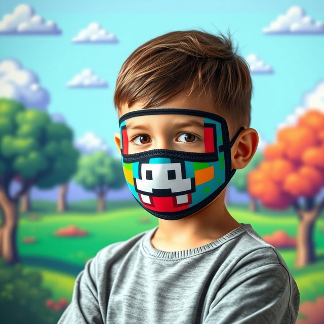 A young boy wearing a pixel art mask, showcasing a colorful and retro design