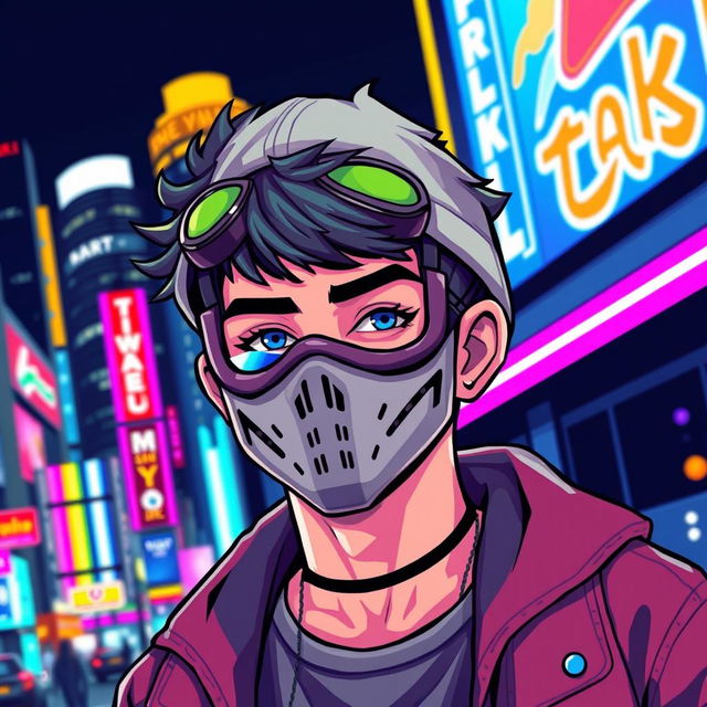 A pixel art style image of a teenager wearing a stylish mask, showcasing vibrant colors and detailed pixelated textures