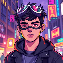 A pixel art style image of a teenager wearing a stylish mask, showcasing vibrant colors and detailed pixelated textures