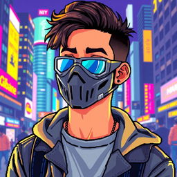 A pixel art style image of a teenager wearing a stylish mask, showcasing vibrant colors and detailed pixelated textures