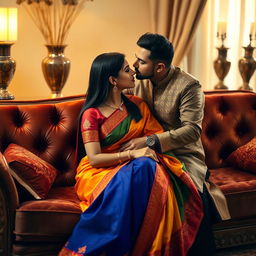 An elegant Indian woman with sleek black hair wearing a beautiful traditional saree in vibrant colors, seated gracefully on a plush, rich fabric couch adorned with intricate embroidery