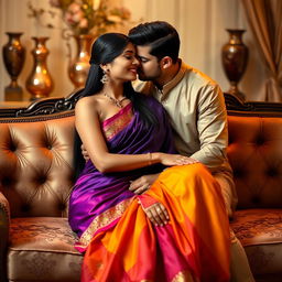 An elegant Indian woman with sleek black hair wearing a beautiful traditional saree in vibrant colors, seated gracefully on a plush, rich fabric couch adorned with intricate embroidery